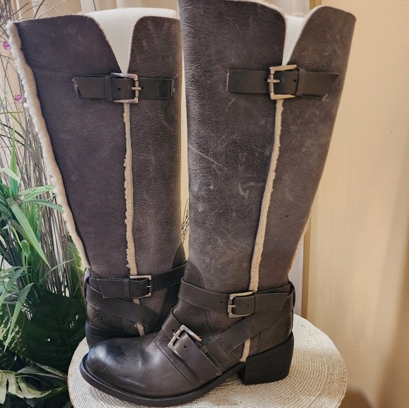 Bronx Shoes - Bronx Womens Riding Boots Grey Buckle Round Toe Mid Calf Flat Zip  EUR 37